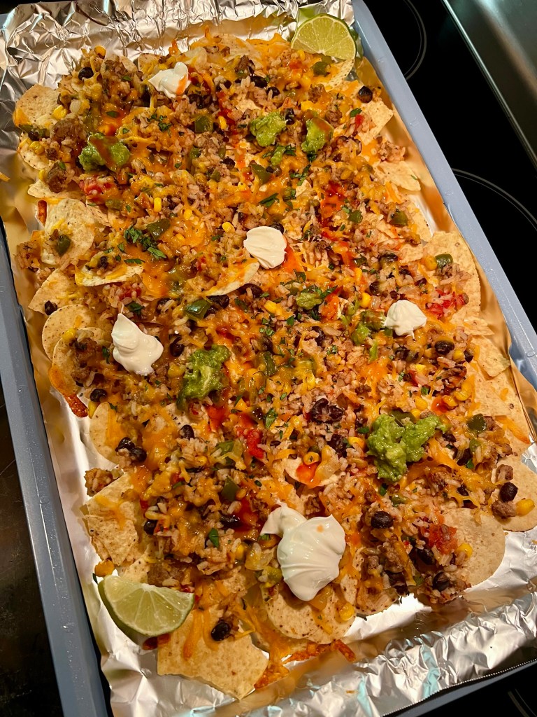 Oven baked nachos using my southwest burritos leftovers