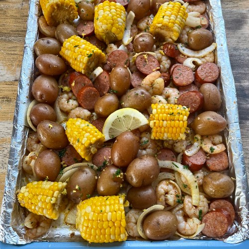 Shrimp Boil Sheet Pan after baking in the oven