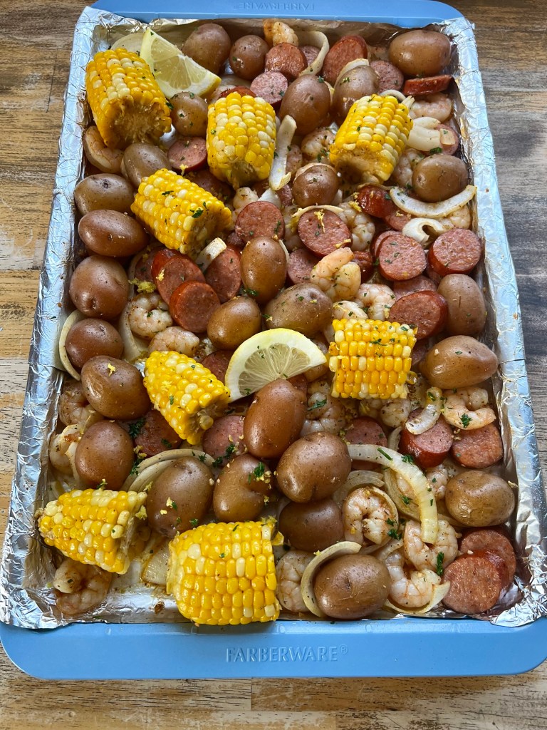 Shrimp Boil Sheet Pan after baking in the oven