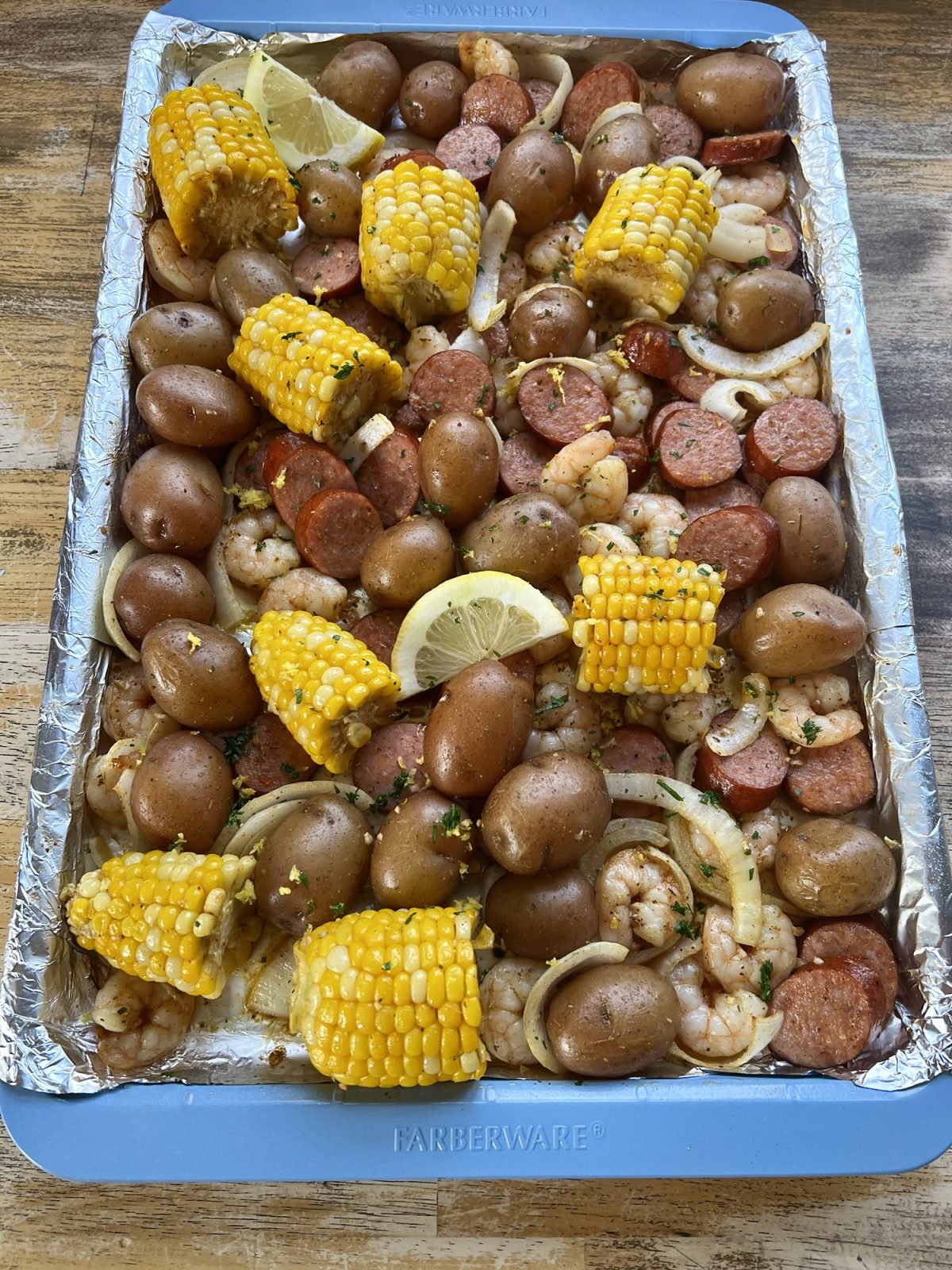 Shrimp Boil Sheet Pan after baking in the oven