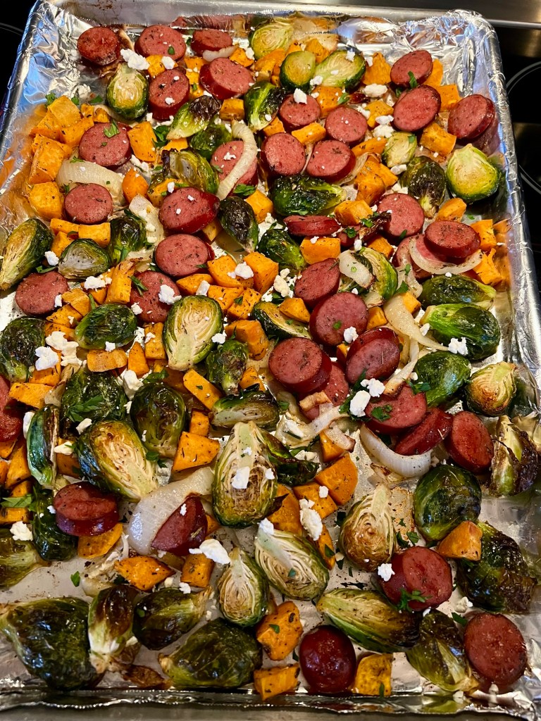Sausage Brussels Sheet Pan fresh out of the oven