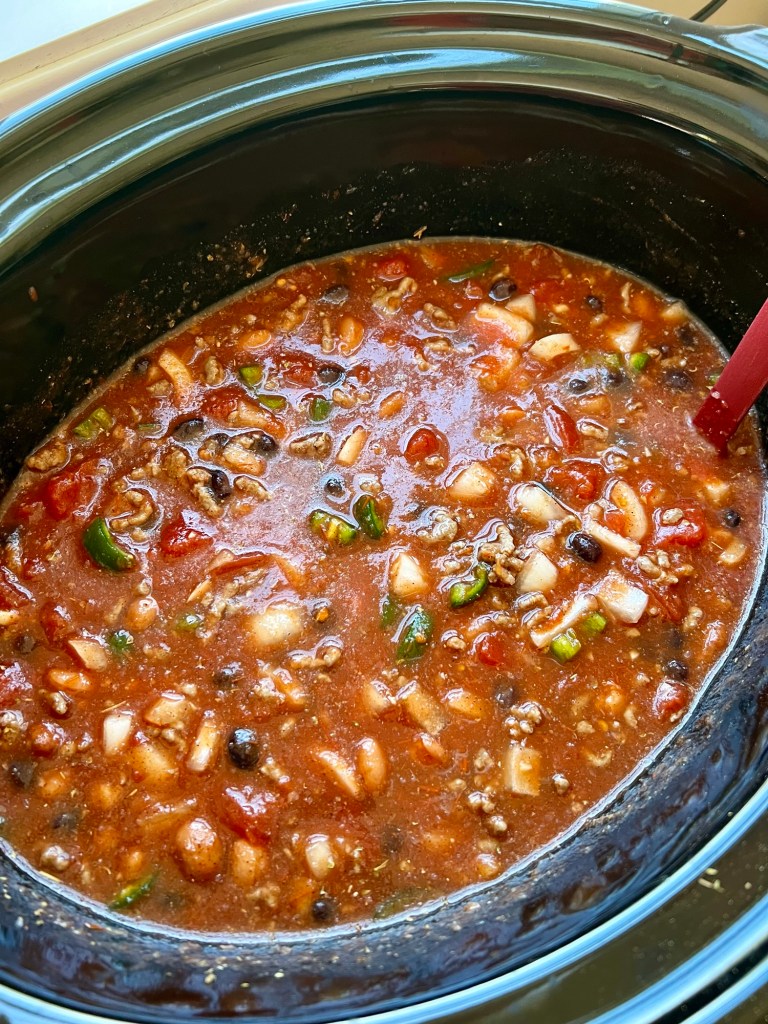 Taco soup in the crockpot just before cooking