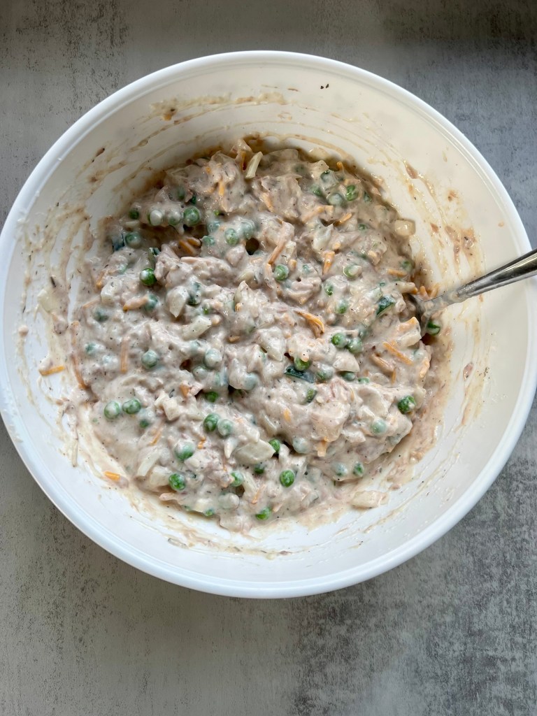Casserole filling in a large mixing bowl