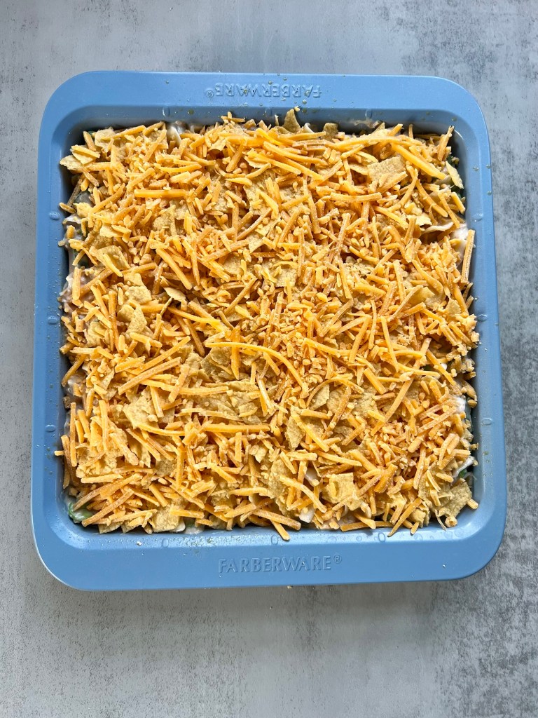Spicy Tuna Noodle Casserole in a baking pan before going into the oven