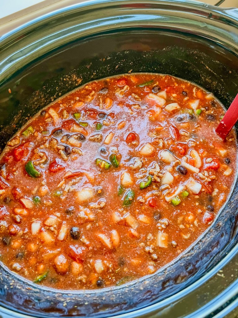 Taco soup in the crockpot just before cooking