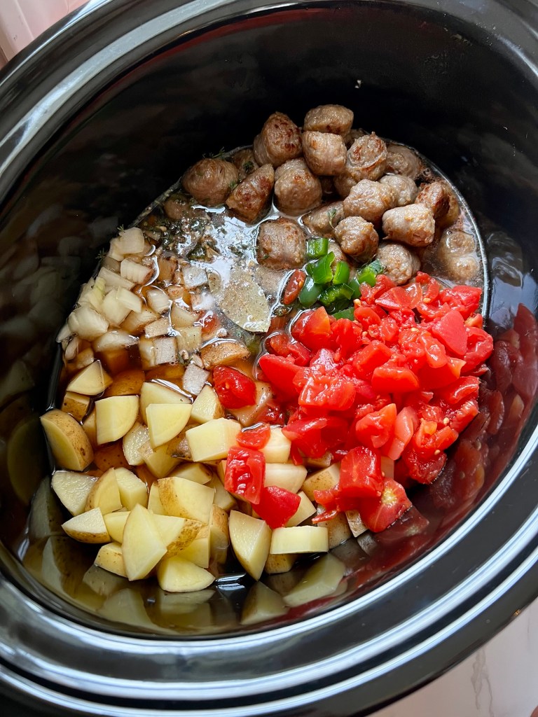 Ingredients in the crockpot for game day soup