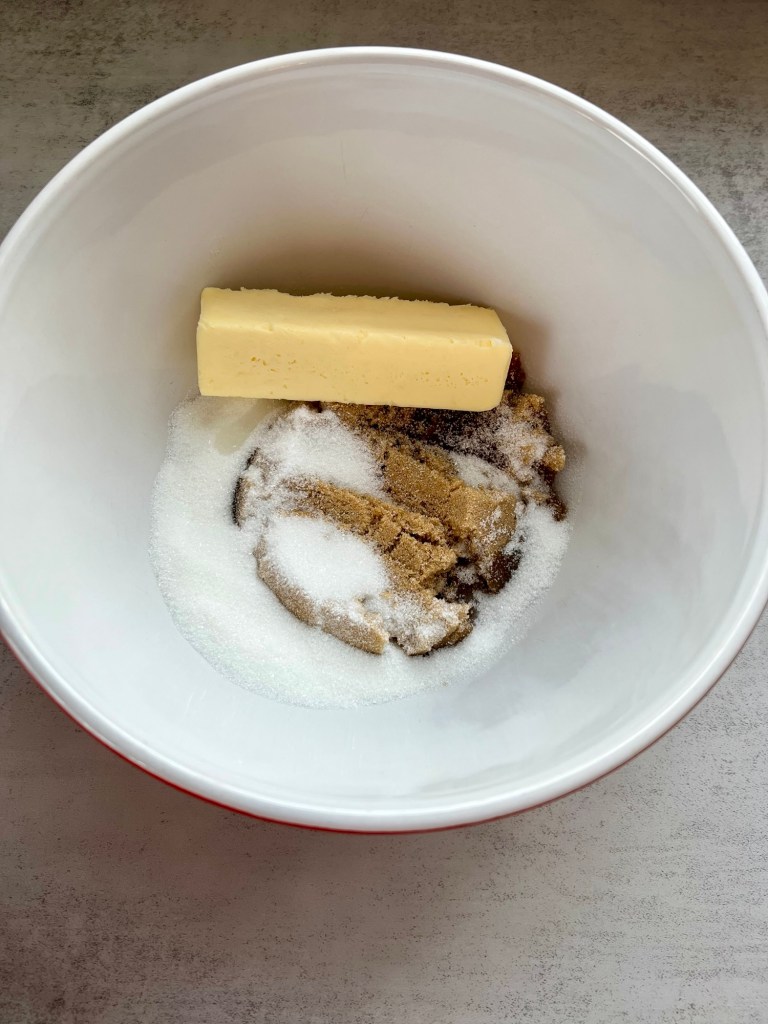Butter, sugar, and coconut oil in a mixing bowl