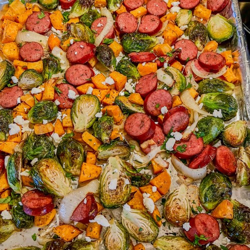 Sausage Brussels Sheet Pan fresh out of the oven