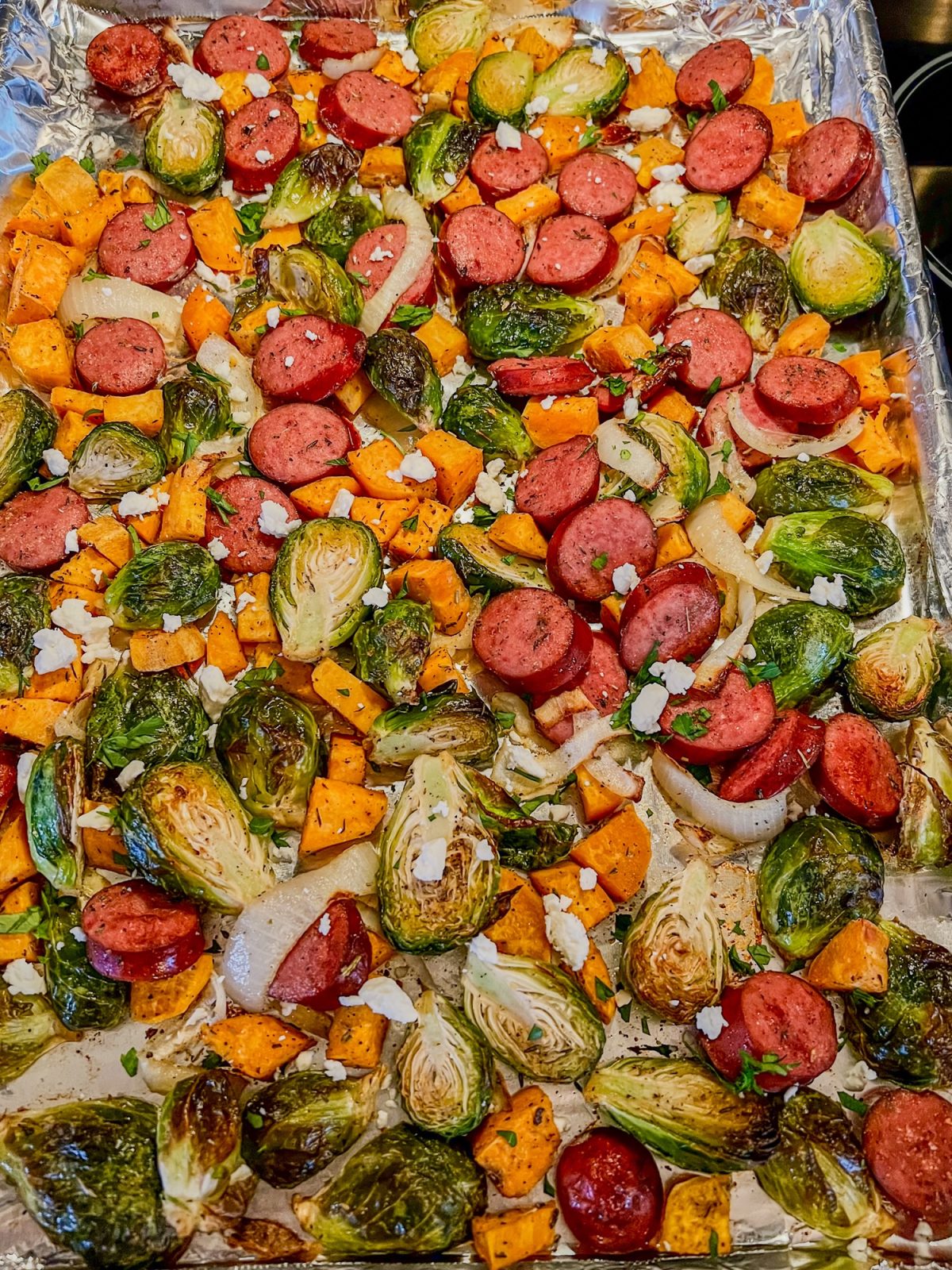 Sausage Brussels Sheet Pan fresh out of the oven