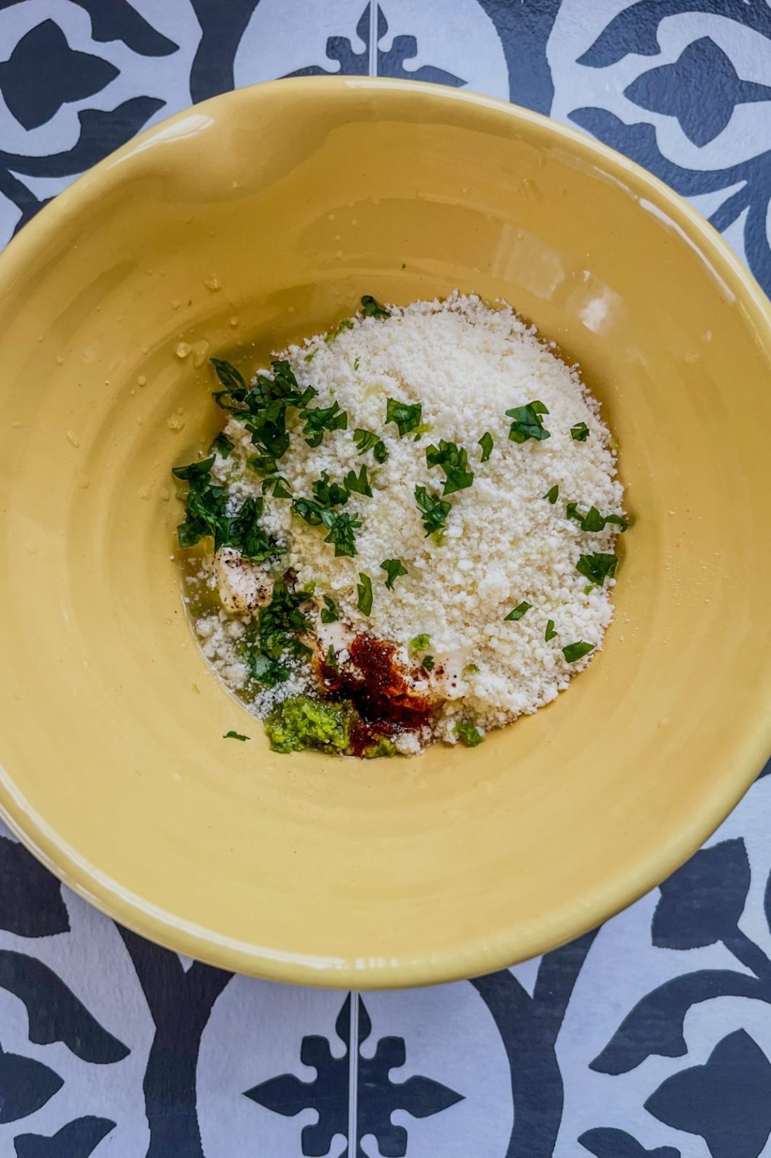 Cotija crema being made in a mixing bowl