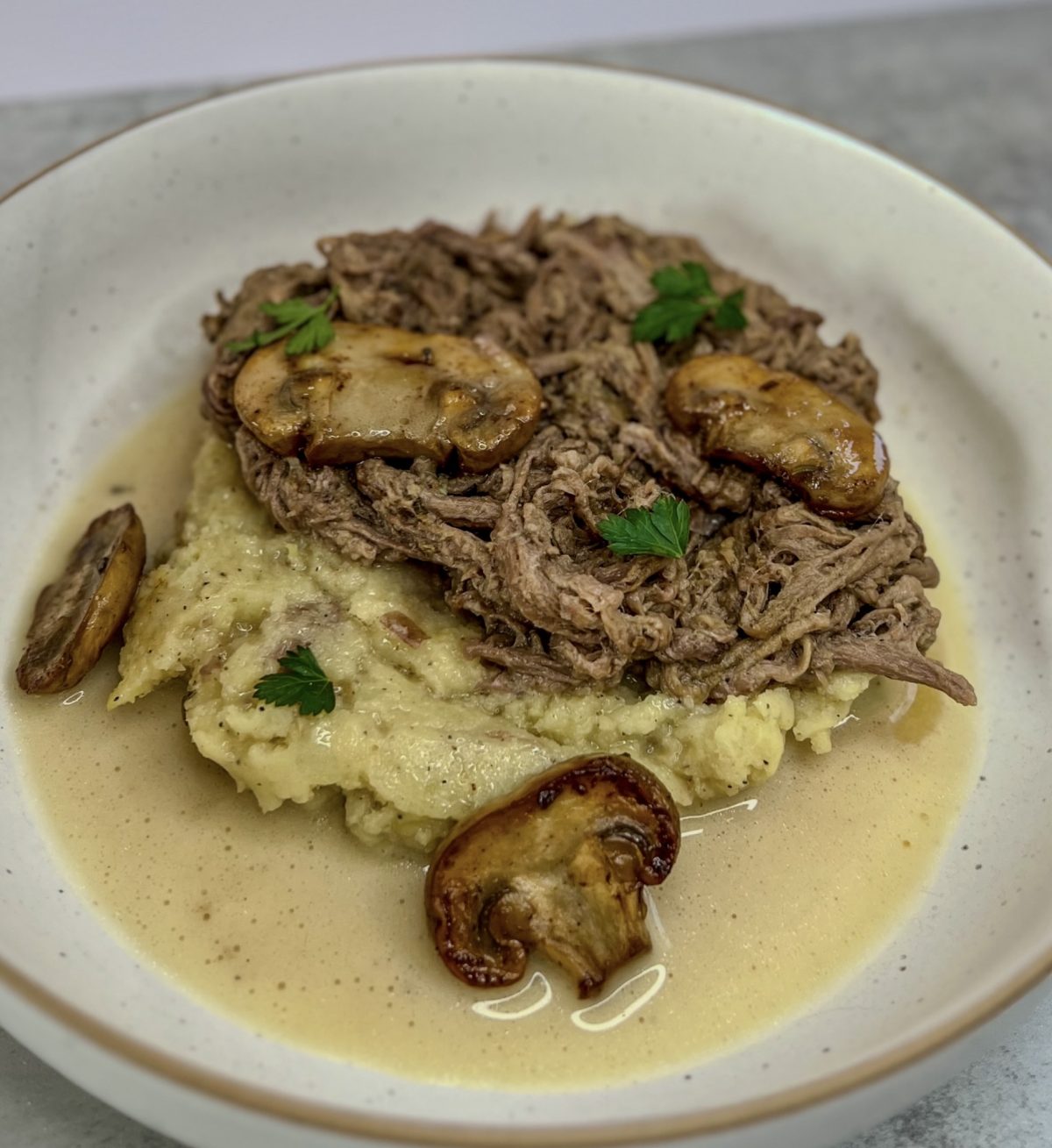 Crockpot tri-tip and mash in a white bowl on a countertop