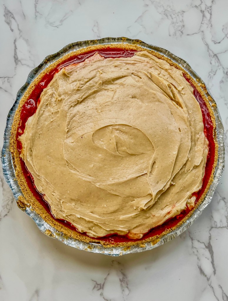 Peanut Butter and Jelly Pie ready to go into the freezer