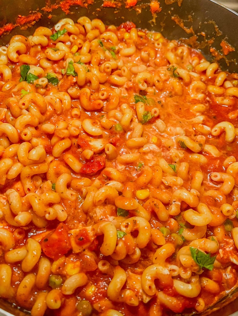 Tex-Mex pasta in a large skillet on the stove