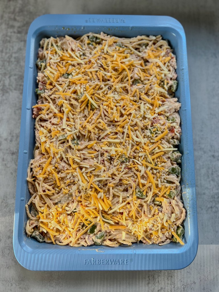 Chicken spaghetti just before going into the oven