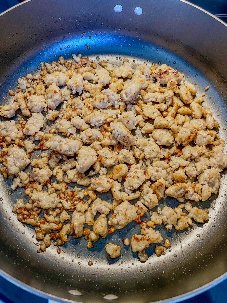 Freshly cooked breakfast sausage in a skillet