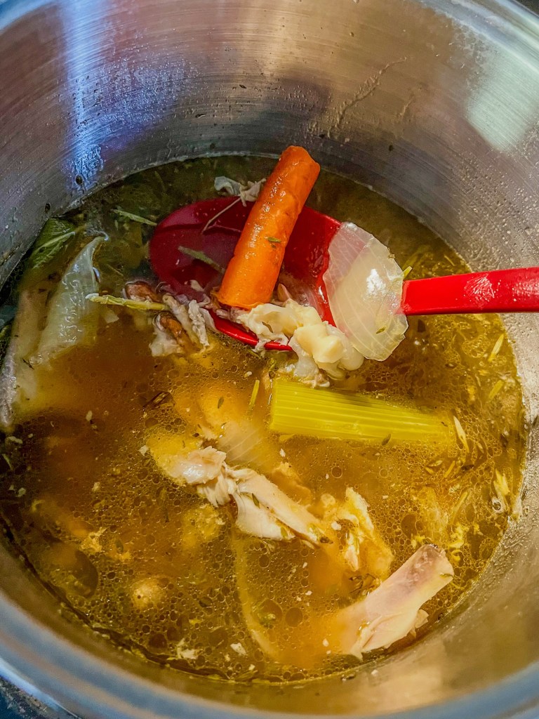 Homemade turkey stock after simmering for hours on the stove