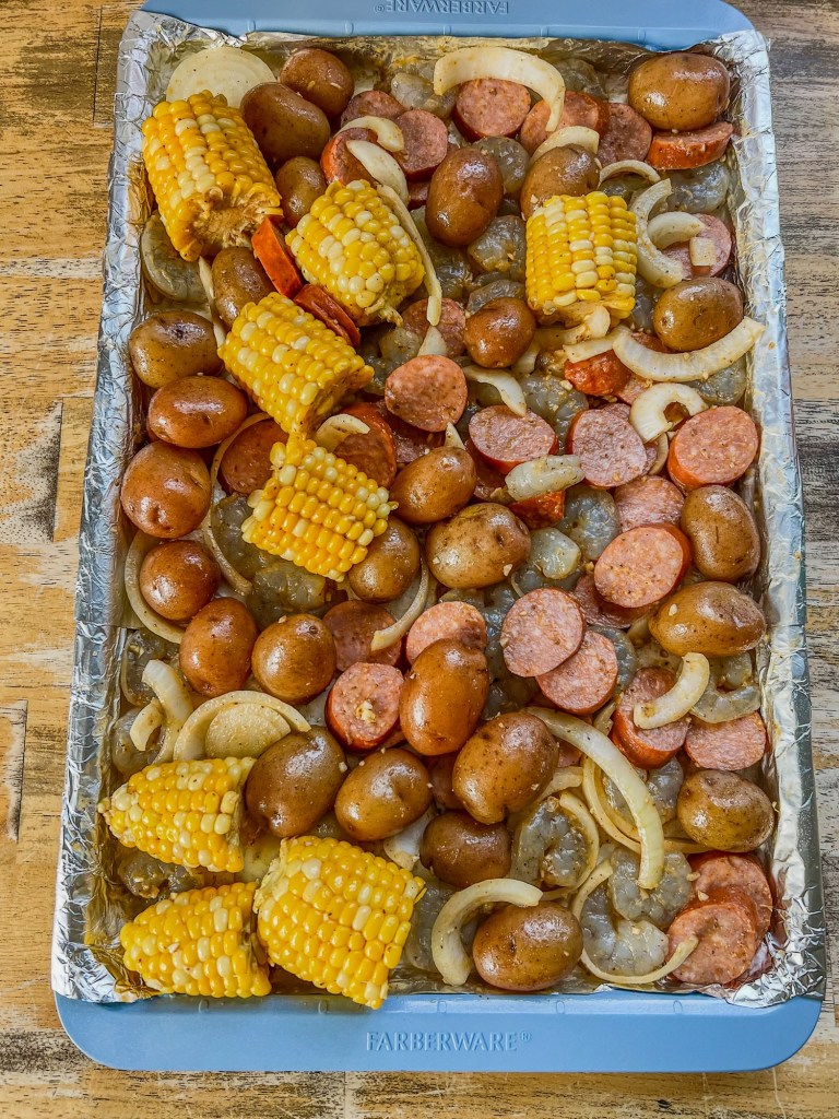 Shrimp boil sheet pan before going into the oven