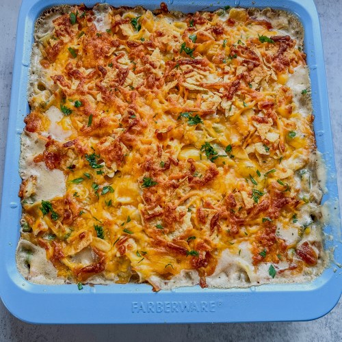 Spicy tuna noodle casserole fresh out of the oven