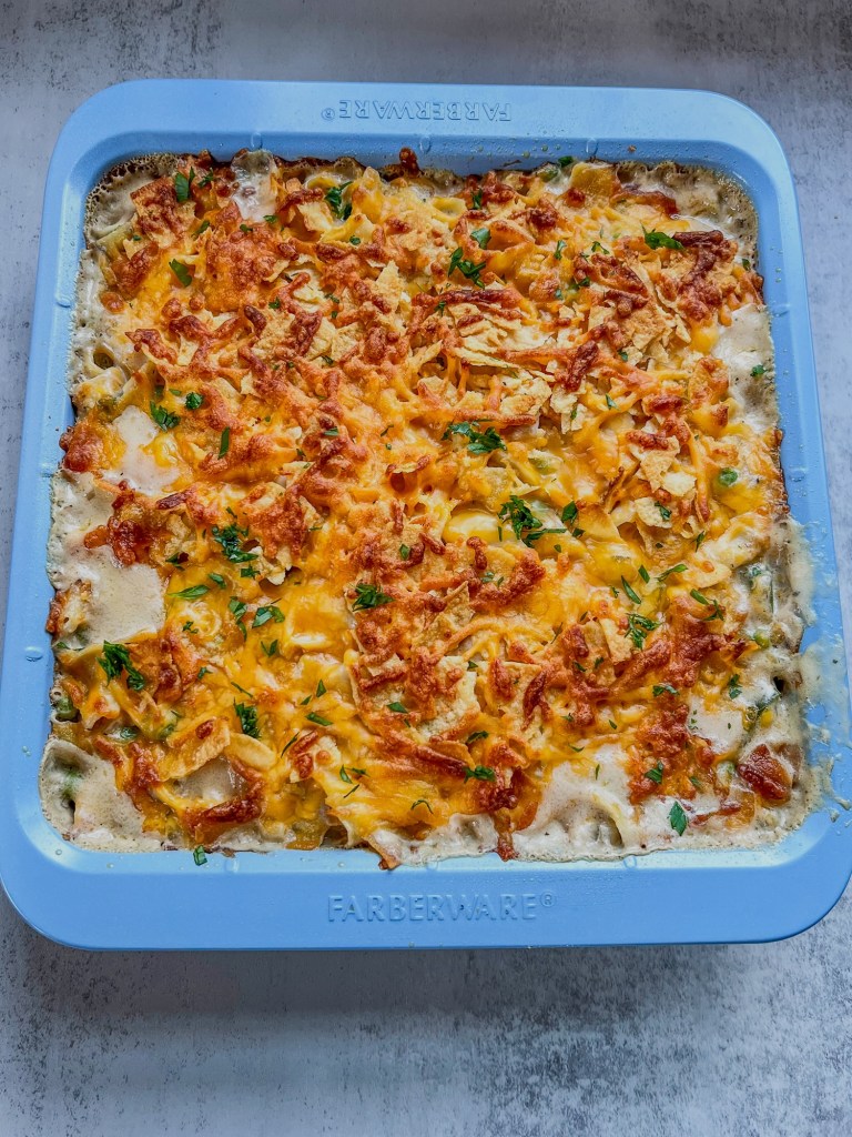 Spicy tuna noodle casserole fresh out of the oven