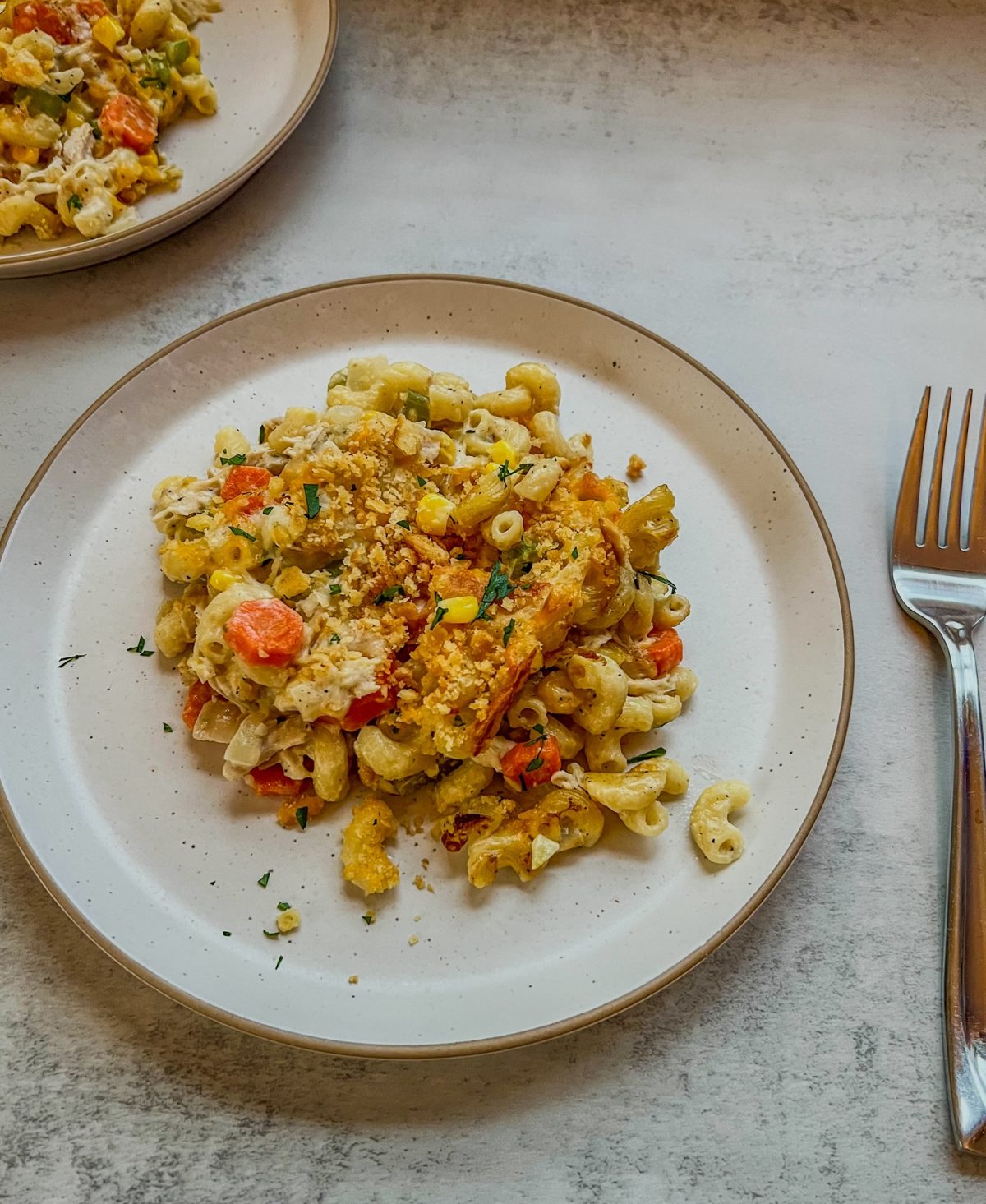 Turkey Noodle Casserole on a plate with another plate behind it