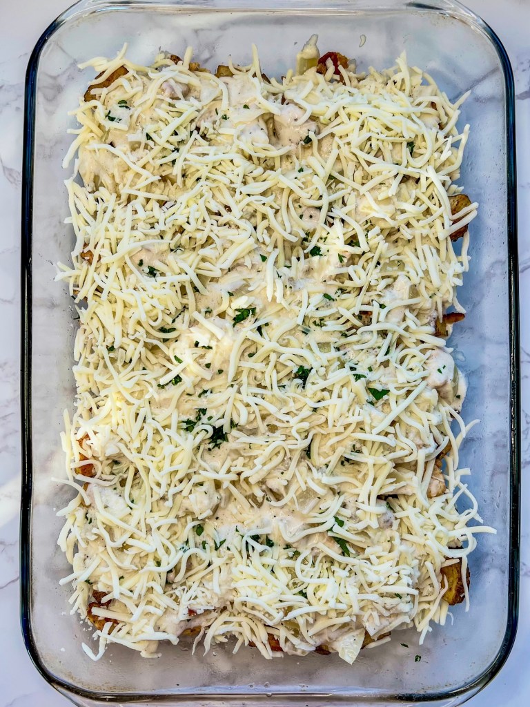 Chicken bacon potato bake before going into the oven