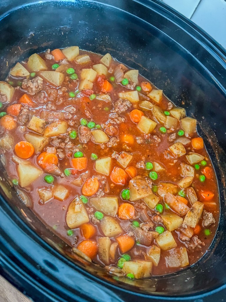 Crockpot hamburger stew that just got done slow cooking all day