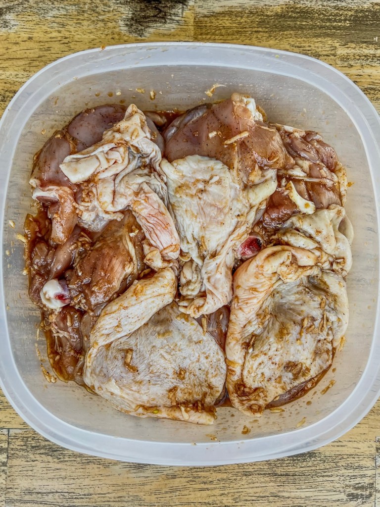 Chicken thighs that have been rubbed in spices and tossed in a honey garlic marinade