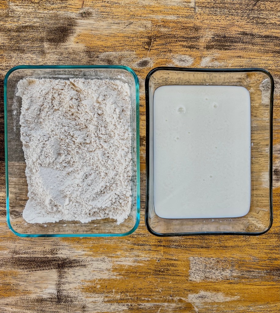 Dredging station set up for making fried chicken