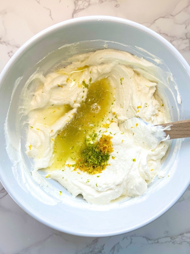 Filling for lemon lime no bake cheesecake in a bowl