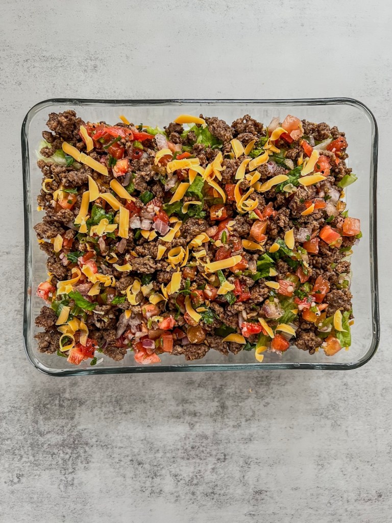 Beefy taco dip read to be chilled for a while before serving