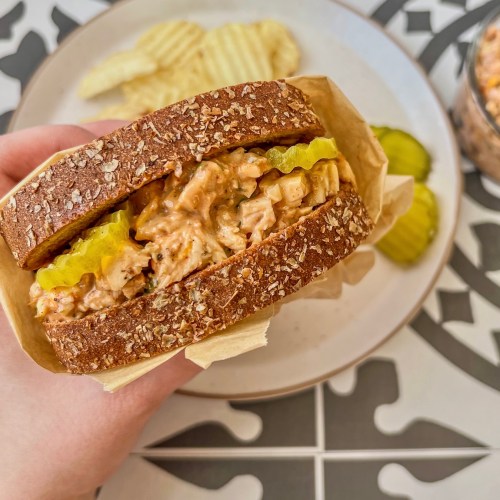 Bbq chicken salad served as a sandwich for an easy meal prep lunch