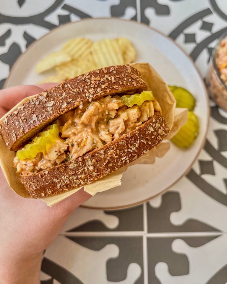 Bbq chicken salad served as a sandwich for an easy meal prep lunch