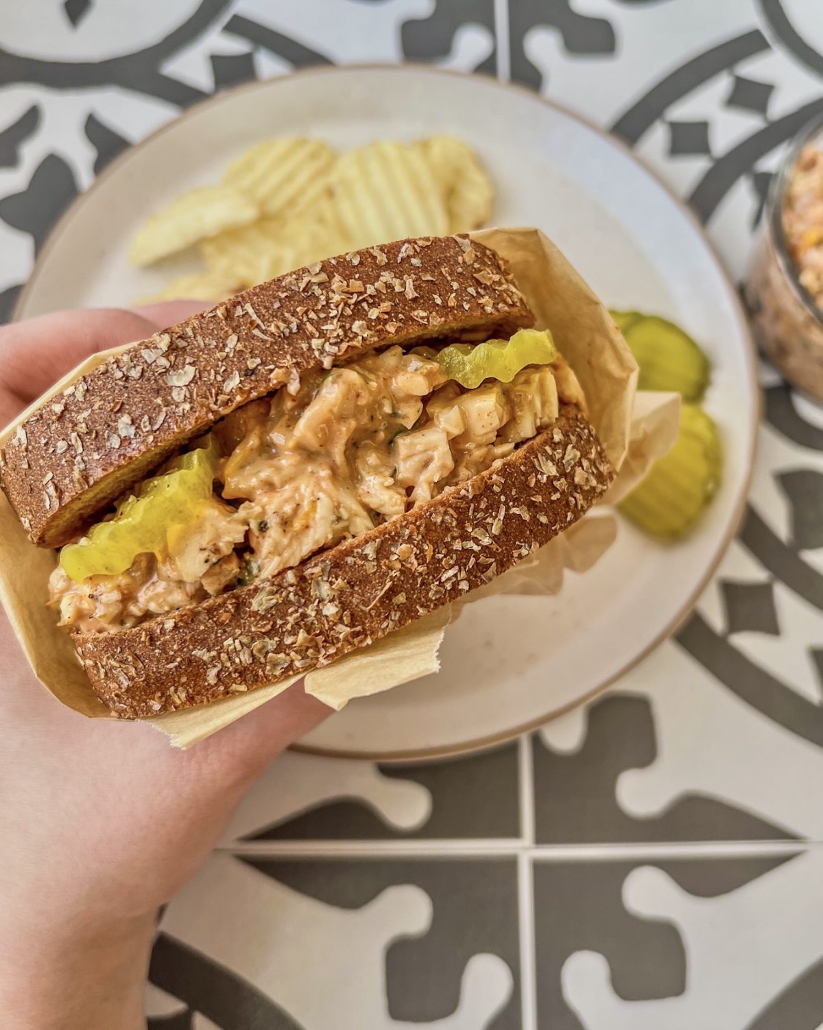 Bbq chicken salad served as a sandwich for an easy meal prep lunch