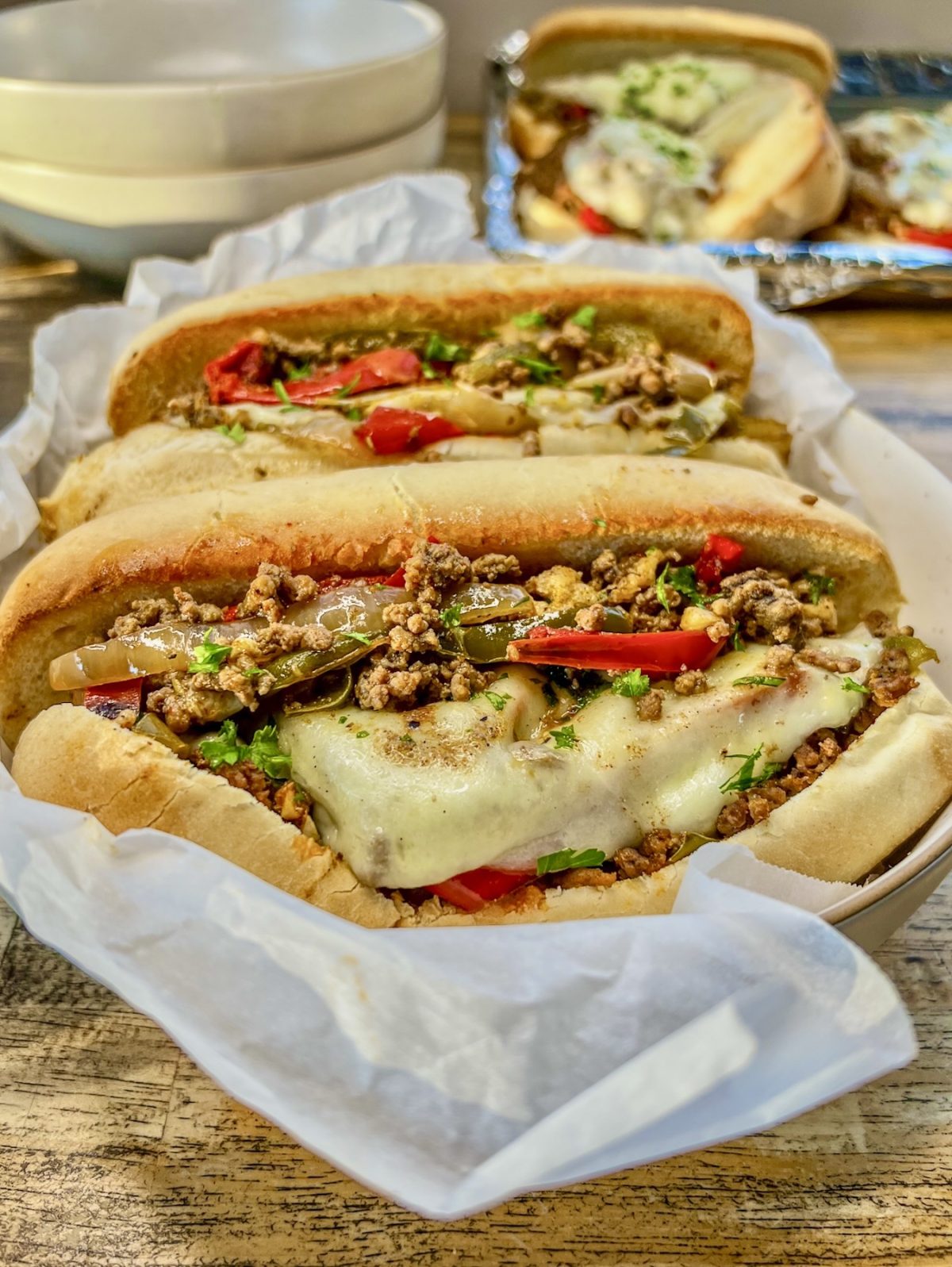 Crockpot Philly cheesesteak sandwiches fresh out of the oven