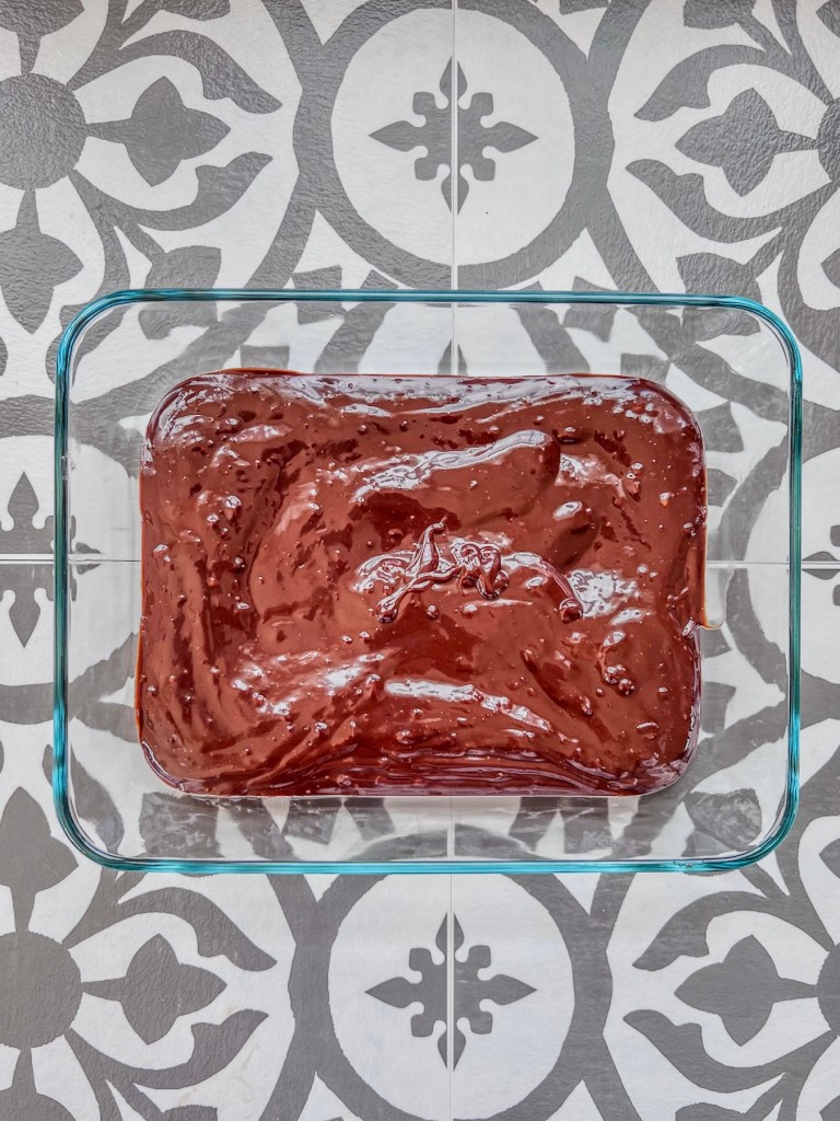 A homemade chocolate ganache in a baking dish