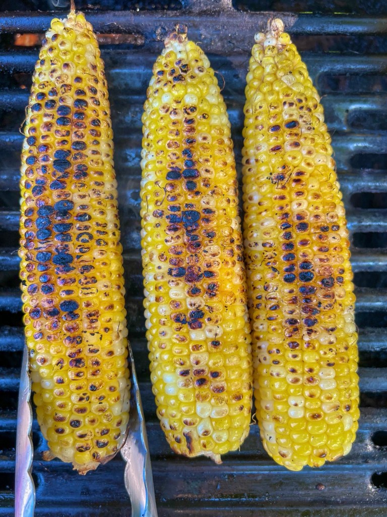 Some ears of corn being grilled and flipped with a tong