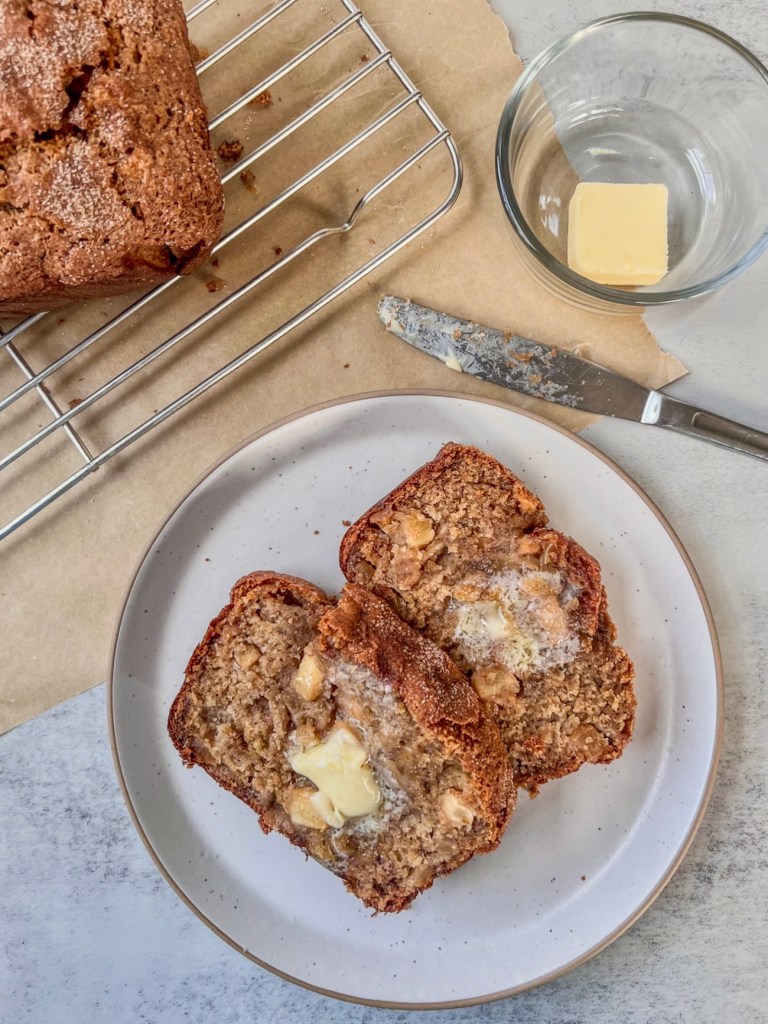 A freshly baked fall inspired quick bread served for breakfast.
