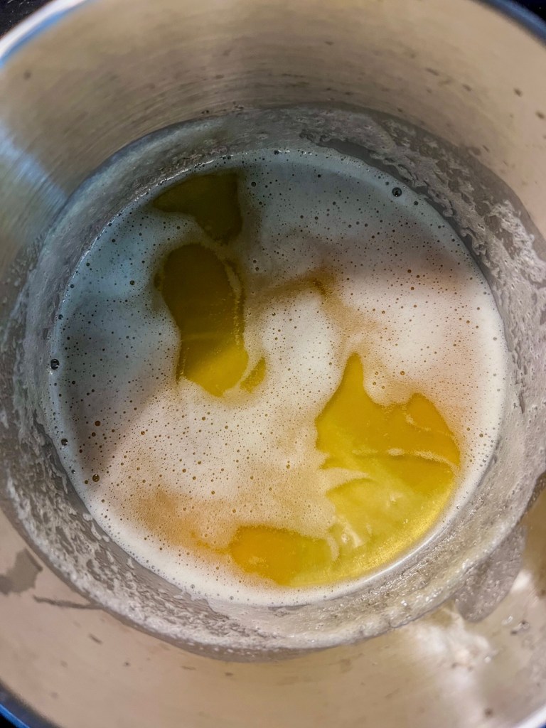 Brown butter in a small saucepan on the stove.