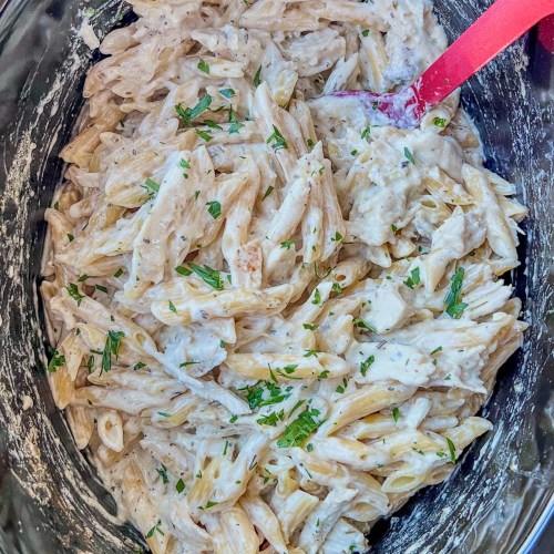 Crockpot chicken alfredo freshly made for an easy dinner.