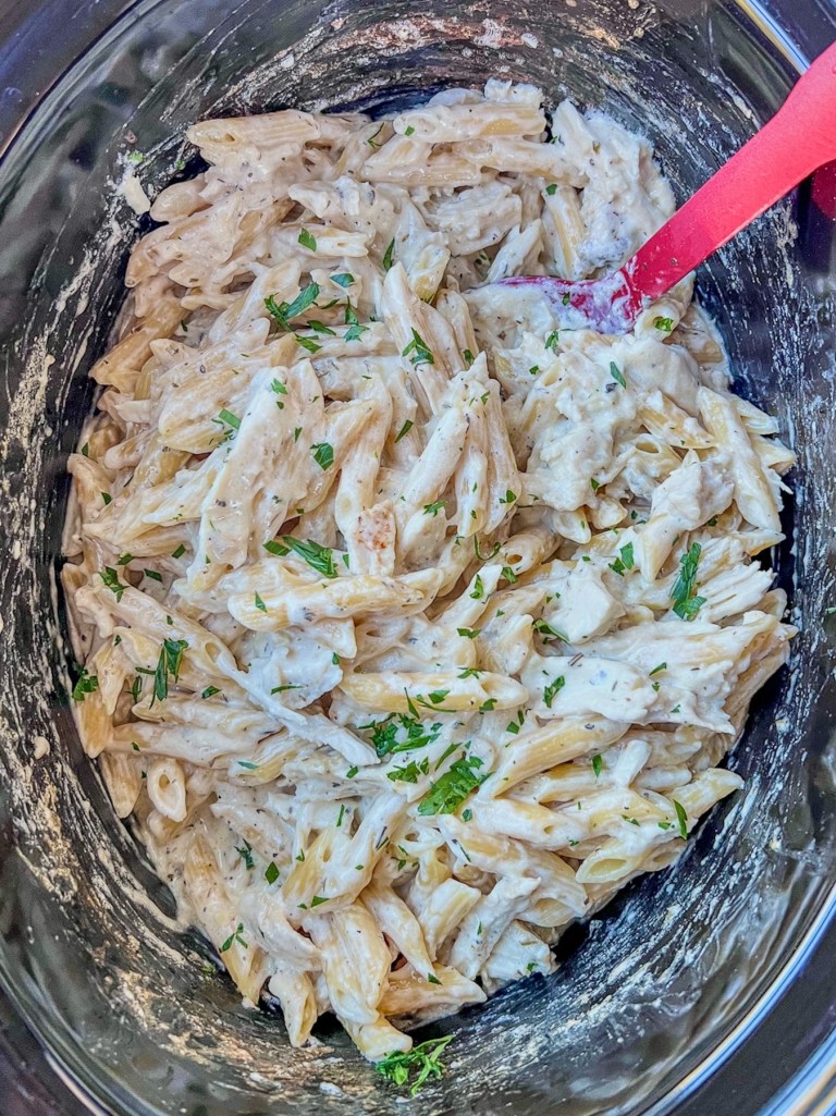 Crockpot chicken alfredo freshly made for an easy dinner.