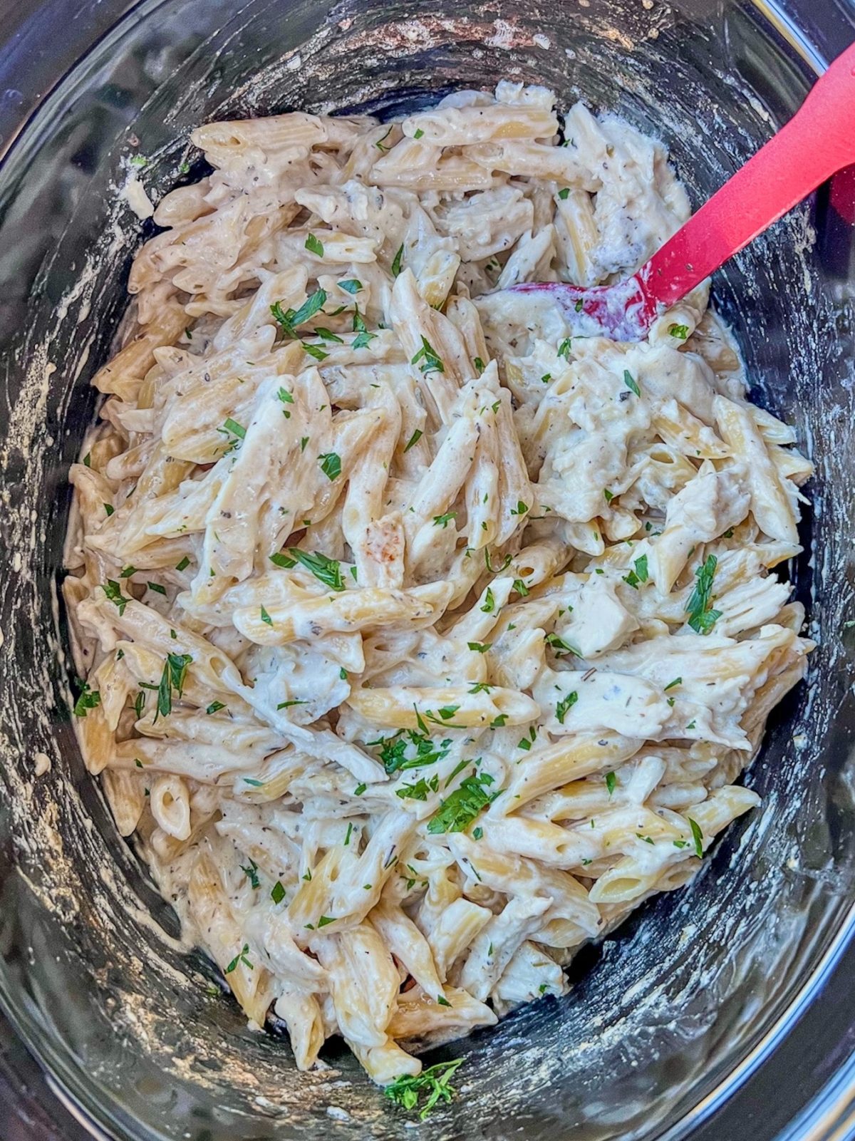 Crockpot chicken alfredo freshly made for an easy dinner.