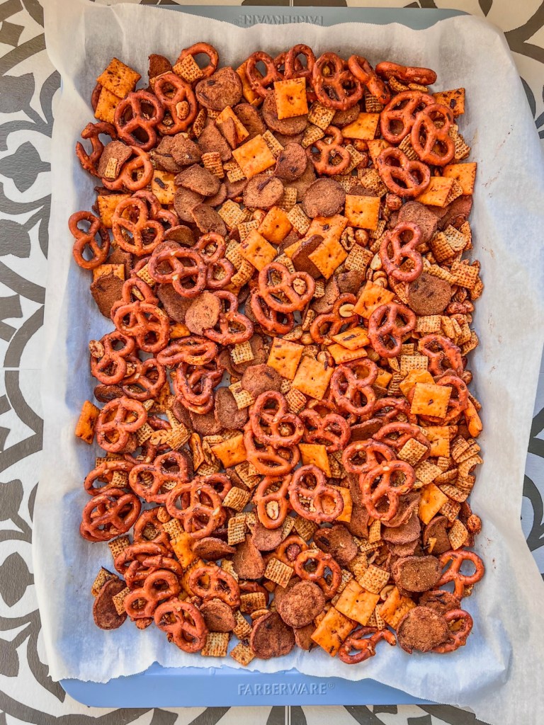A homemade snack mix fresh out of the oven.